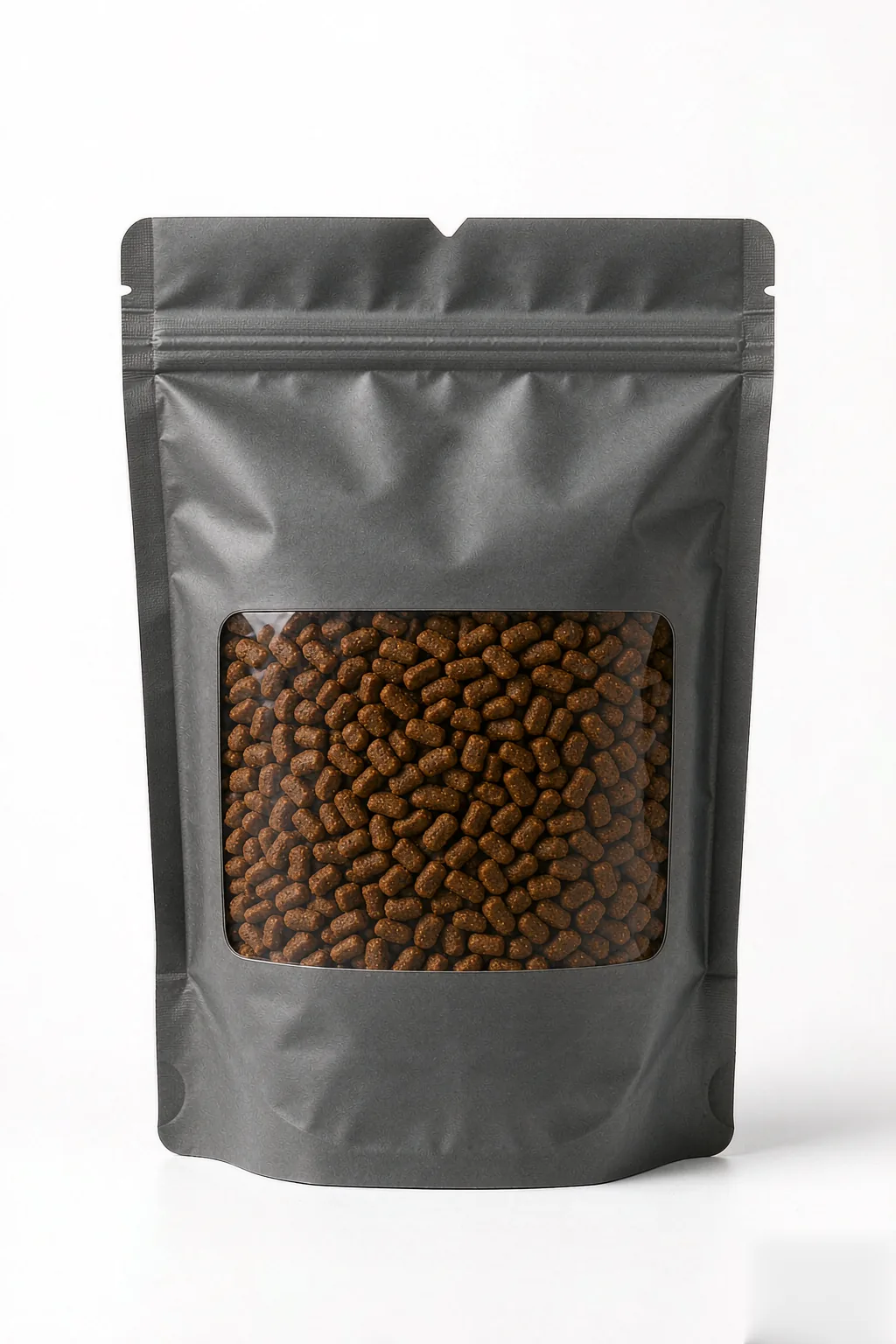Pet food stand-up pouch with tear-resistant film, easy reclose zipper and clear window showing kibble by RainRan Packaging